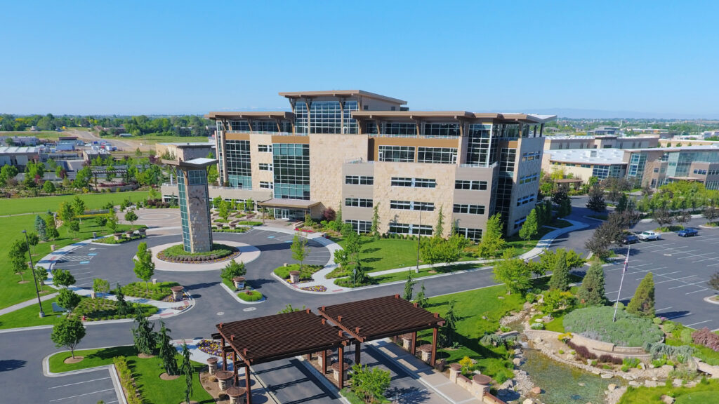An arial photograph of the Scentsy Home Office campus in Boise Idaho.