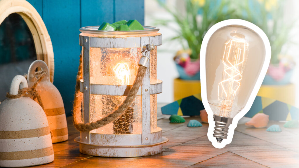 Scentsy costal light warmer with a graphically clipped image of a scentsy lightbulb inserted next to it.