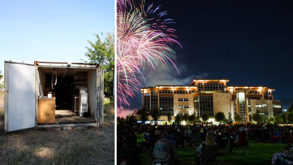 Two photos collaged together, one depicting the storage container Scentsy started in, the other depicting an arial view of the Scentsy Campus during it's annual firework show.