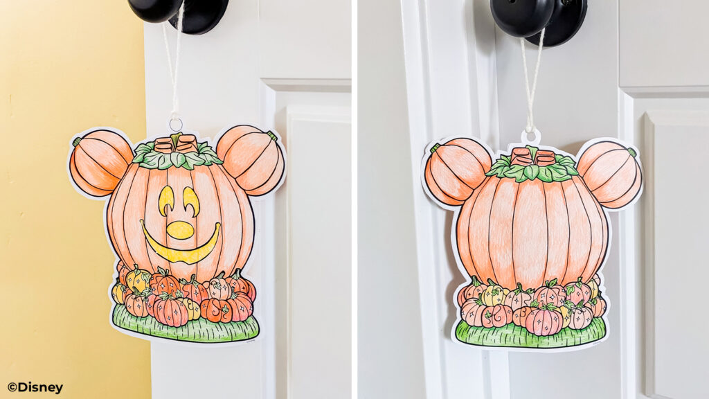 A front and back depiction of a DIY craft door hanger representing the Disney Mickey Mouse Jack-O'-Lantern Scentsy warmer.