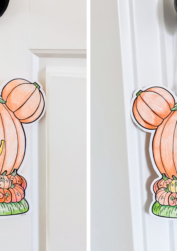 A front and back depiction of a DIY craft door hanger representing the Disney Mickey Mouse Jack-O'-Lantern Scentsy warmer.