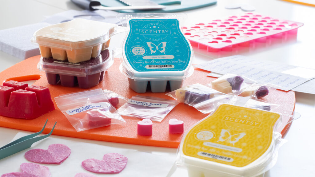 Scentsy wax bars and cubes on a tabletop.