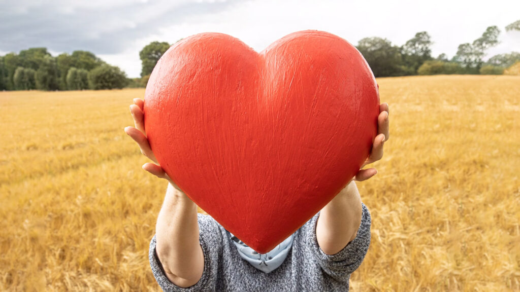 A person holding a large decorative heart in a rural grain field.