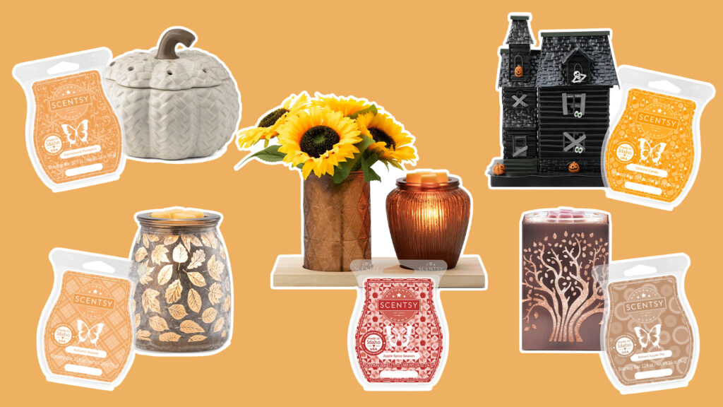 A collage of Scentsy, fall-themed wax bars and wax warmers.