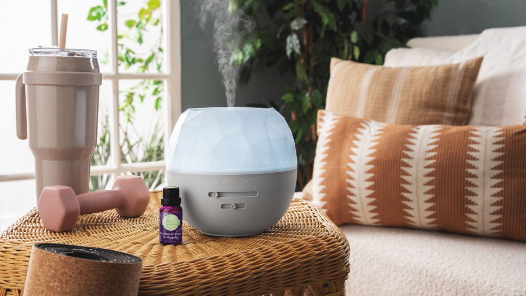 A photograph of a livingroom side table with a Scentsy diffuser, Scentsy essential oil, a thermos, and a pink barbell.