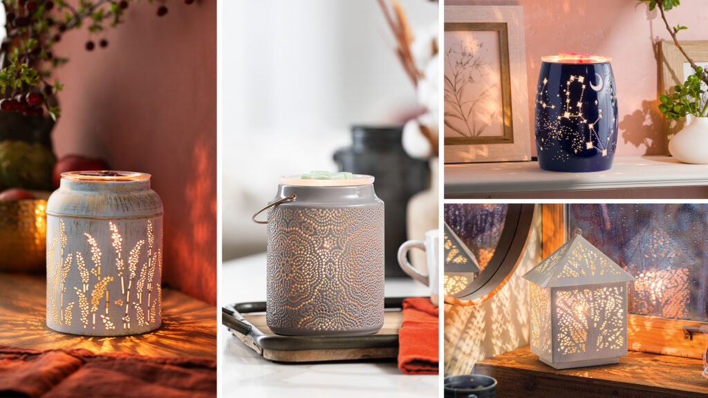 A collage of images depicting different Scentsy warmers