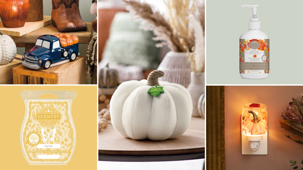 A collage image of photos depicting Scentsy warmers and fragrance products from the fall harvest line.