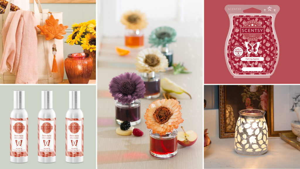 A collage of photos depicting Scentsy wax, warmers, fragrance flowers, and room sprays from Scentsy's fall harvest line.