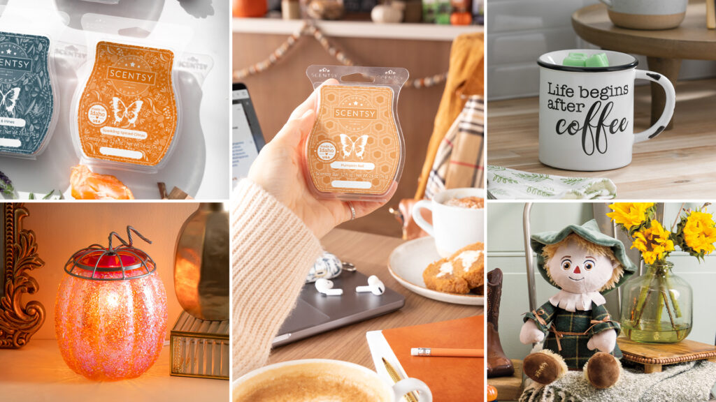 A collage of photos depicting Scentsy buddies, wax fragrances, and warmers.