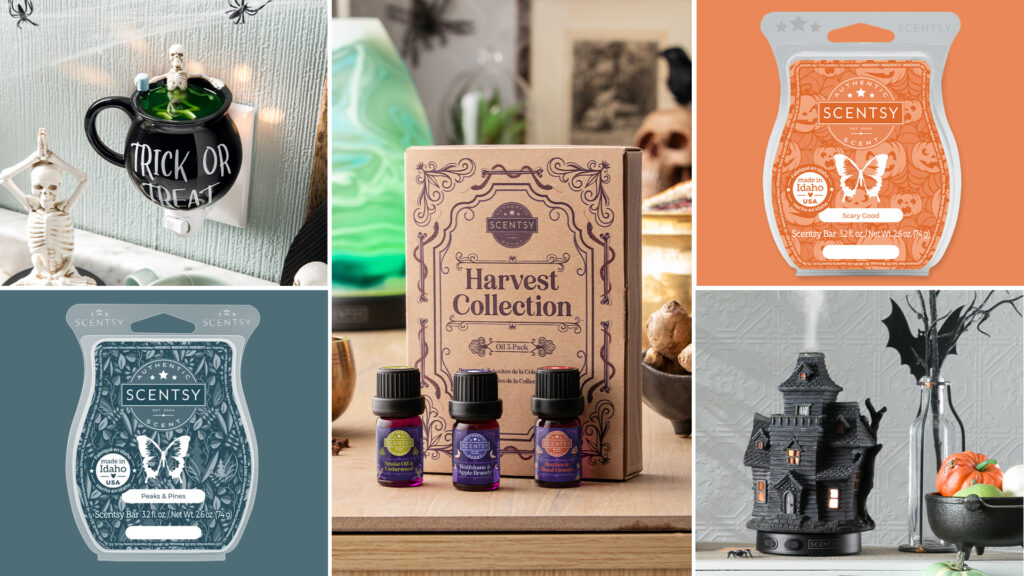 A collage of photos depicting Scentsy mini-warmers, halloween diffusers, essential oils, and wax bars.