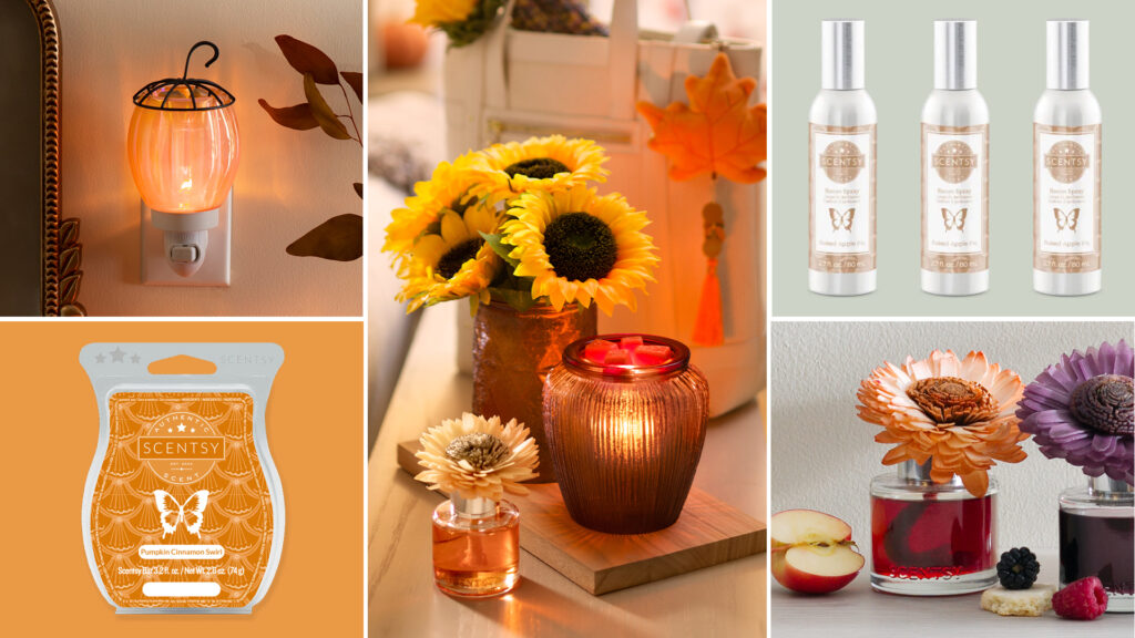 A collage image of photos depicting mini-warmers, wax, warmers, fragrance flowers, and room sprays.