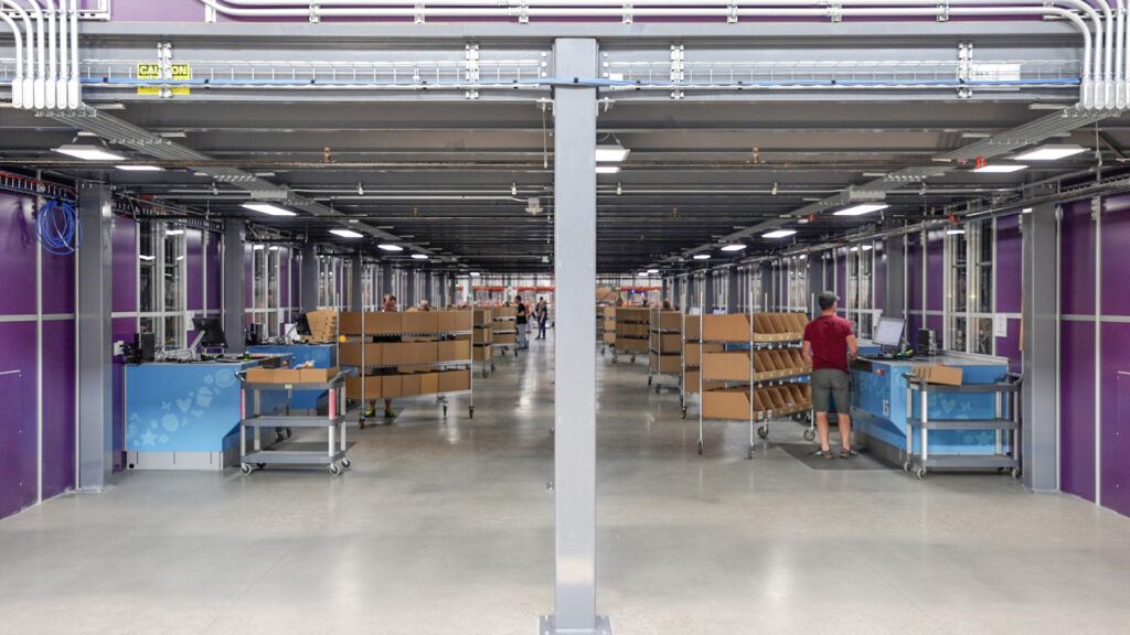 A photo depicting the aisles within Scentsy's packing and shipping facility.