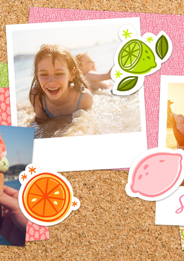 A cork board with photographs of summer memories held on by Scentsy fragrance notes stickers.