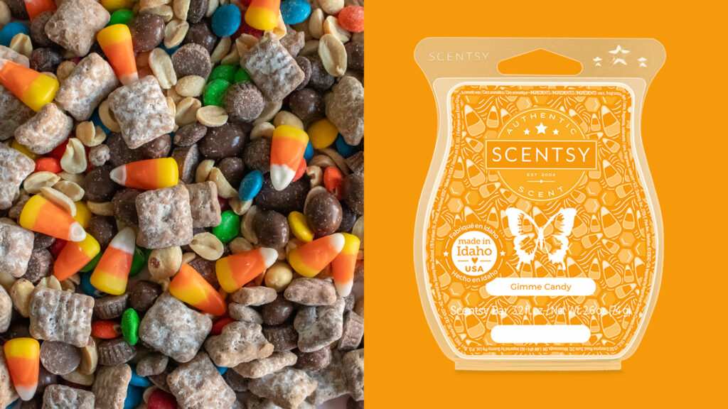 A vertical split collage image with a Halloween themed candy mix on one side and Scentsy's Gimme Candy Wax Bar on the other.