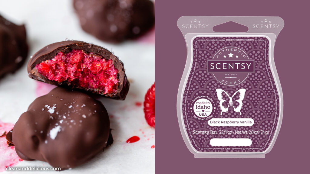 A vertical split collage image with a raspberry and chocolate desert on one side and the Black Raspberry Vanilla Scentsy Wax Bar on the other. 