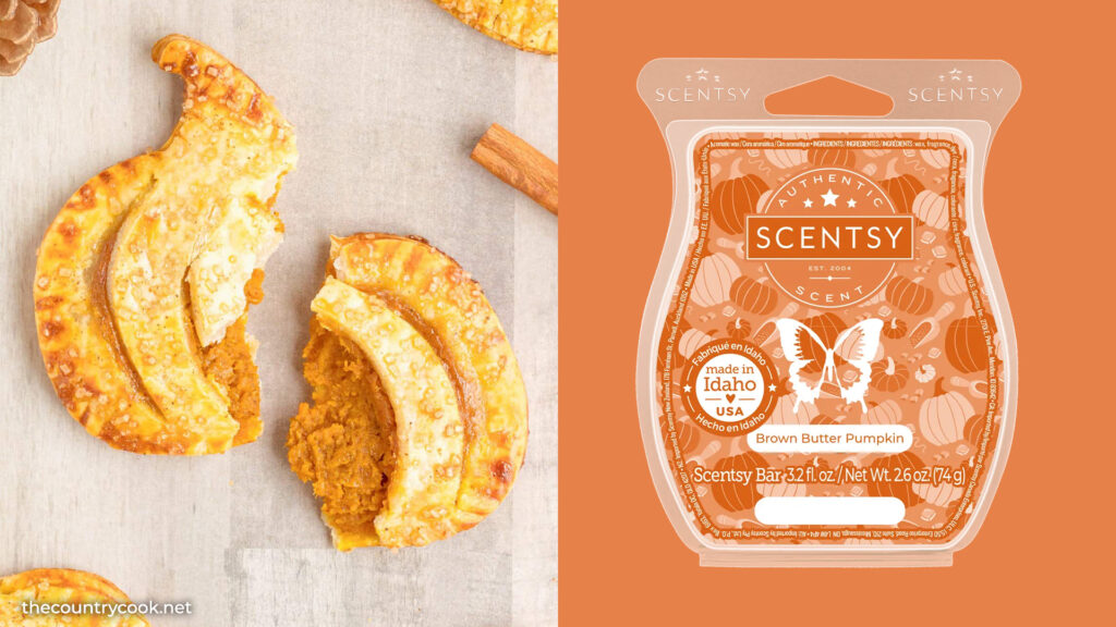 A vertical split collage image with a pumpkin hand pie on one side and a Brown Buttter Pumpkin Scentsy Wax Bar on the other.