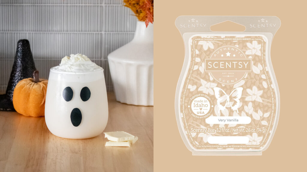 A vertical split collage image with a Halloween themed ghost cocoa beverage on one side and a Very Vanilla Wax Bar on the other.