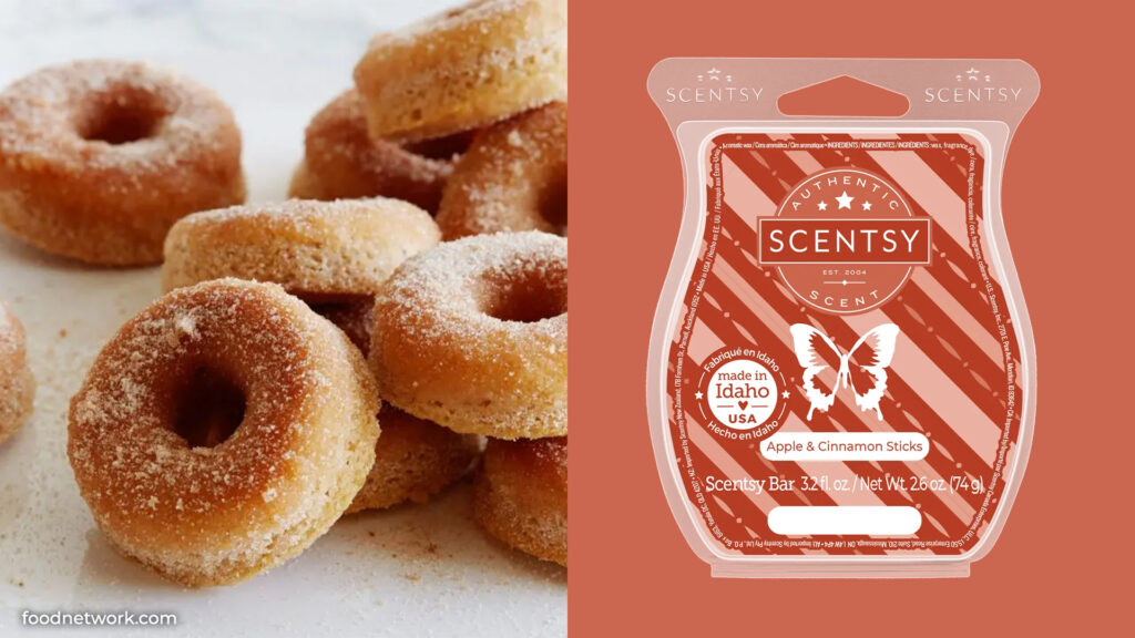 A vertical split collage image with a pile of sugared doughnuts on one side and an Apple and Cinnamon Sticks Wax Bar on the other.