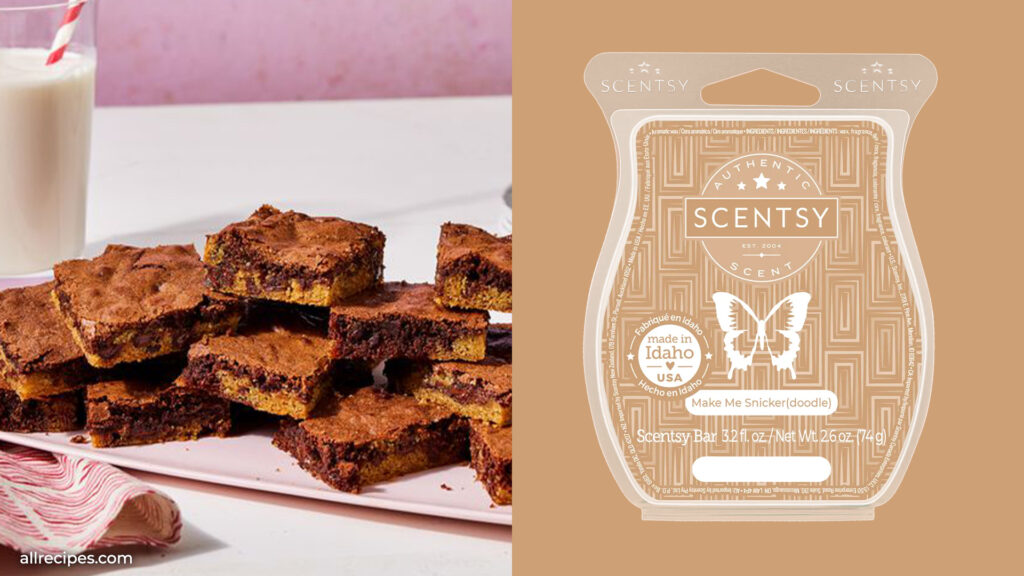 A vertical split collage image with a pile of brownies on one side and a Make Me Snicker(doodle) Scentsy Wax Bar on the other. 