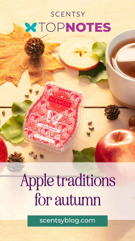 Scentsy's Johnny Appleseed among fragrance notes such as apples, maple leaves, pine cones, and seeds.