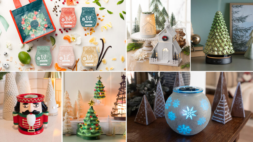 a collage of Scentsy products all styled among holiday and winter decorations