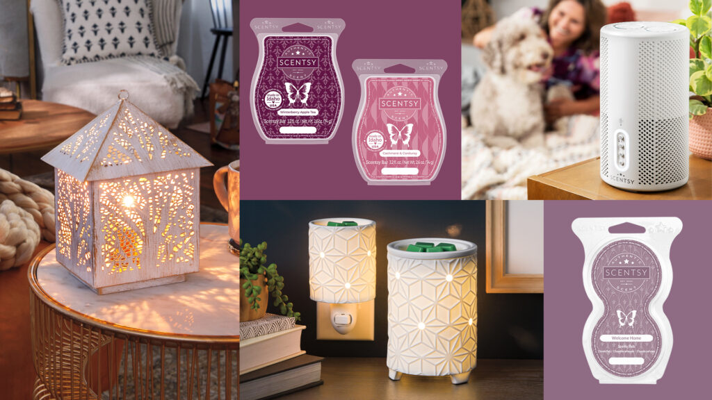 A collage of Scentsy Warmers, Mini Warmers, Scentsy pods, Scentsy Wax, and the Scentsy Air Purifier, all with wintery designs.