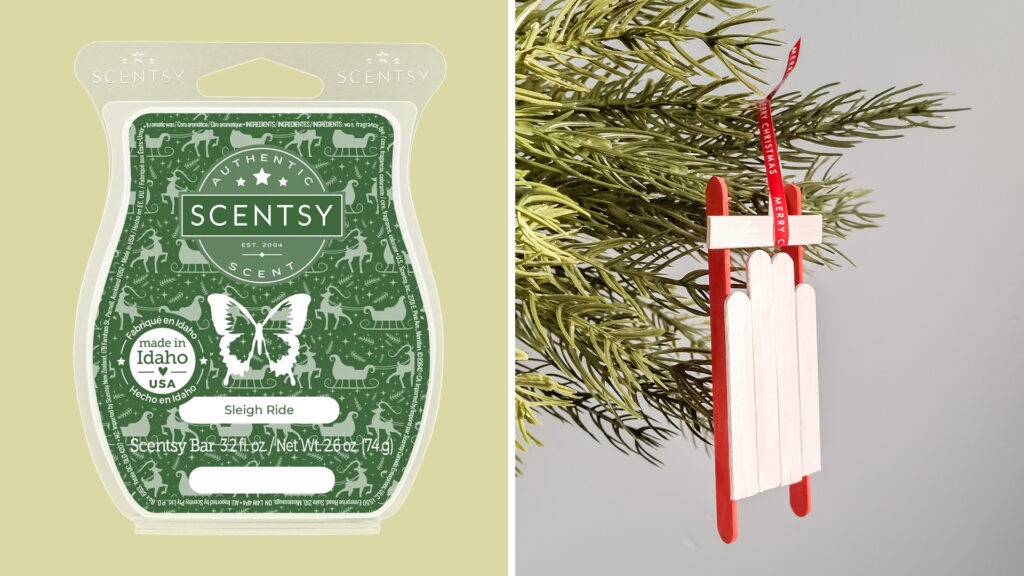 The Scentsy Sleigh Ride Wax Bar next to a DIY sled ornament dangling from a Christmas tree. 