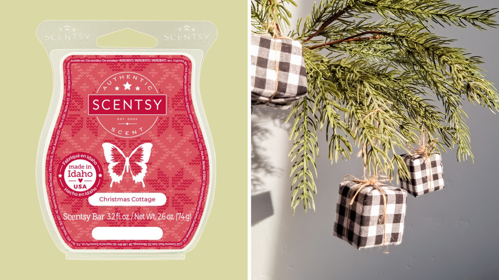 The Scentsy Christmas Cottage Wax Bar next to little DIY Christmas gift box ornaments dangling from a Christmas tree. 