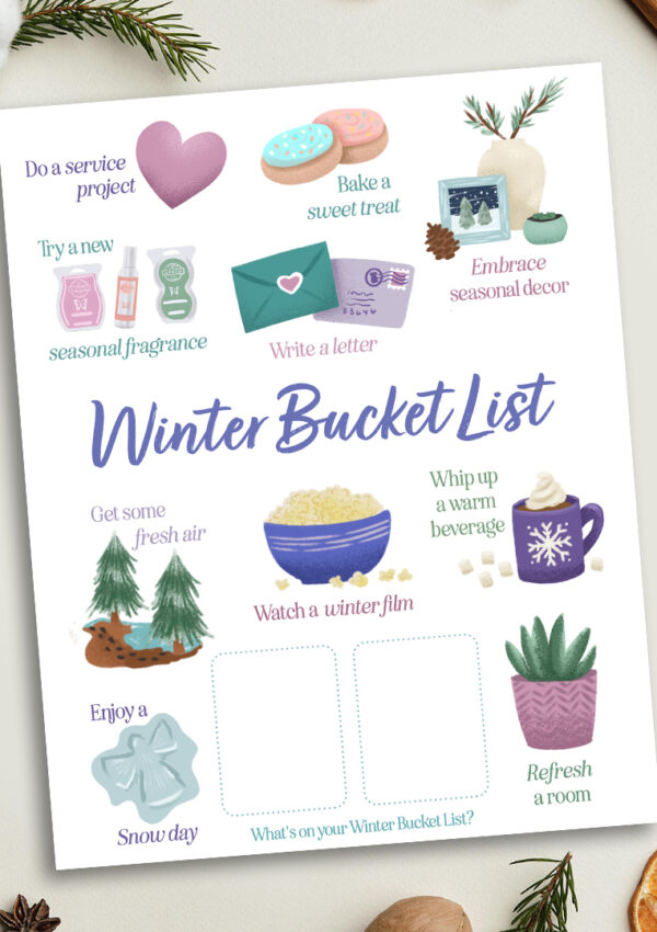 A printed winter bucket list on a table surrounded by Scentsy winter fragrance notes like pine branches, oranges, and cinnamon sticks.