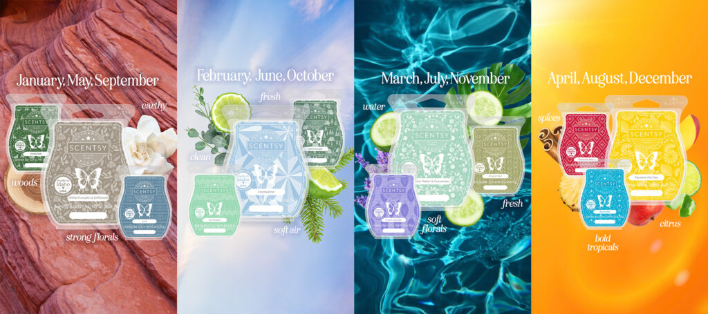 Four collaged images showing Scentsy wax bars and fragrances matched with birth months and season.