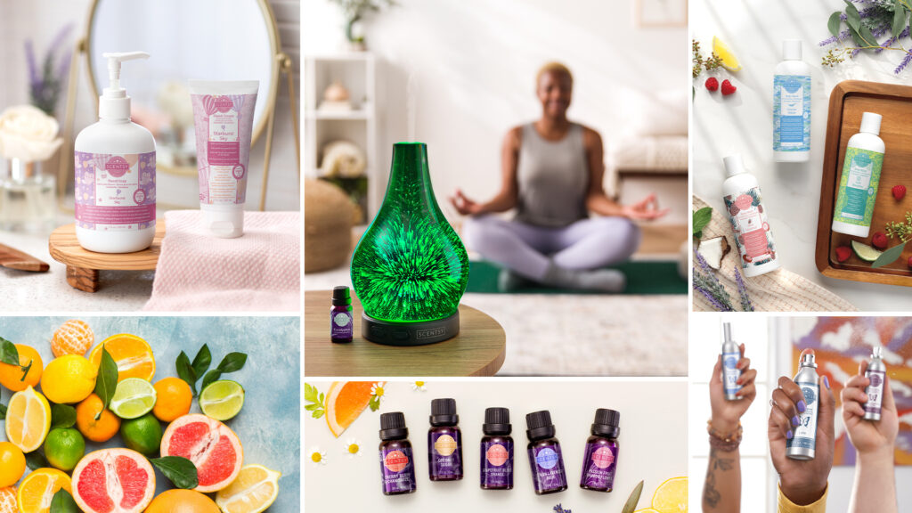 A collage of self-care related Scentsy products such as essential oils and diffusers, room sprays, hand creams, and soaps.