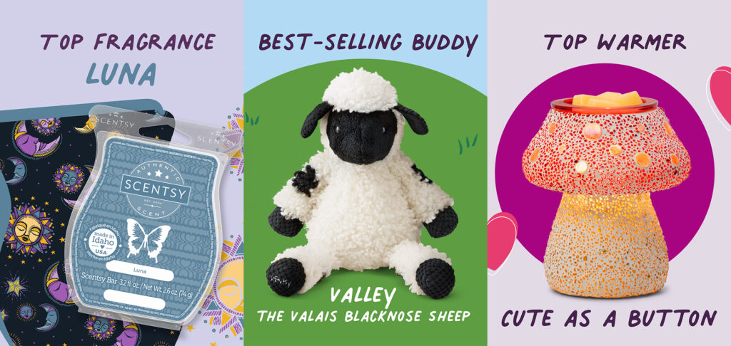 Three images of top-selling Scentsy product, Luna Wax Bar, Valley the Valais Sheep Buddy, and Cute as a Button Warmer.