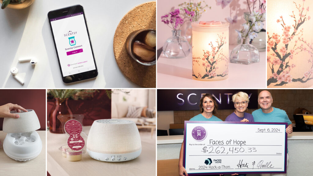 Collage image of important Scentsy moments and porducts, like Scentsy Connect, Scentsy Air, Scentsy warmers, and a check to Faces of Hope charity.