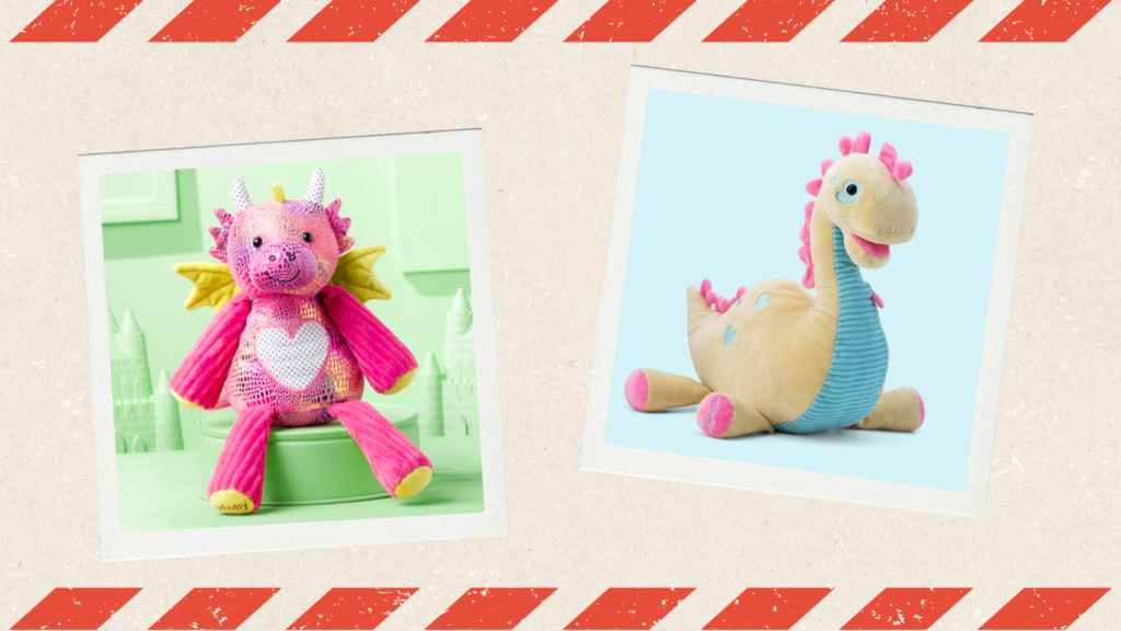 Photos of the Dottie the Dragon Scentsy Buddy and the Adore-a-saurus Scentsy Buddy from the Valentine's Day Gift Guide. 