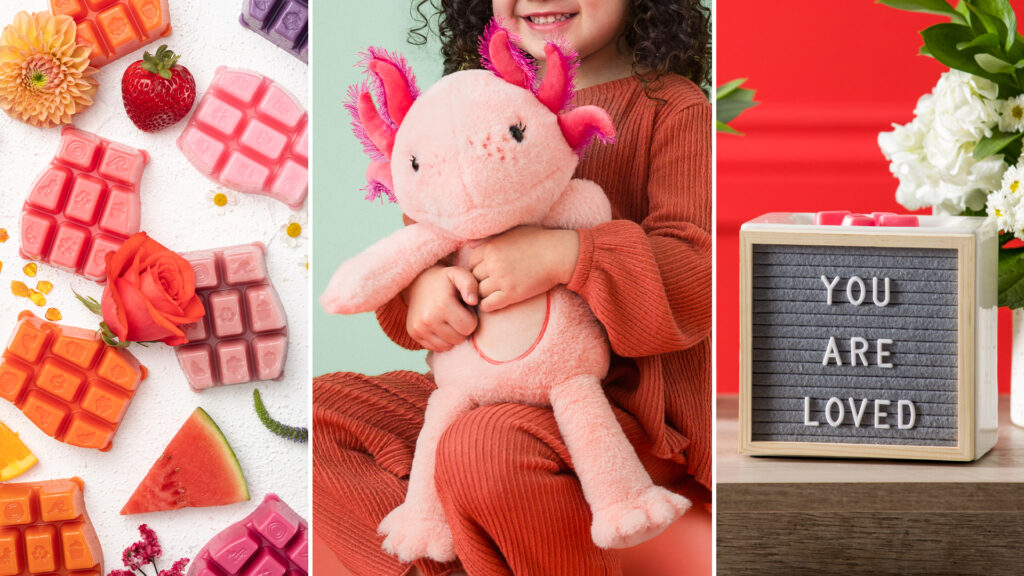 Scentsy Valentine's Day Collection Wax Bars, Blush the Axolotl Buddy plush, and Scentsy Letterboard Wax Warmer.