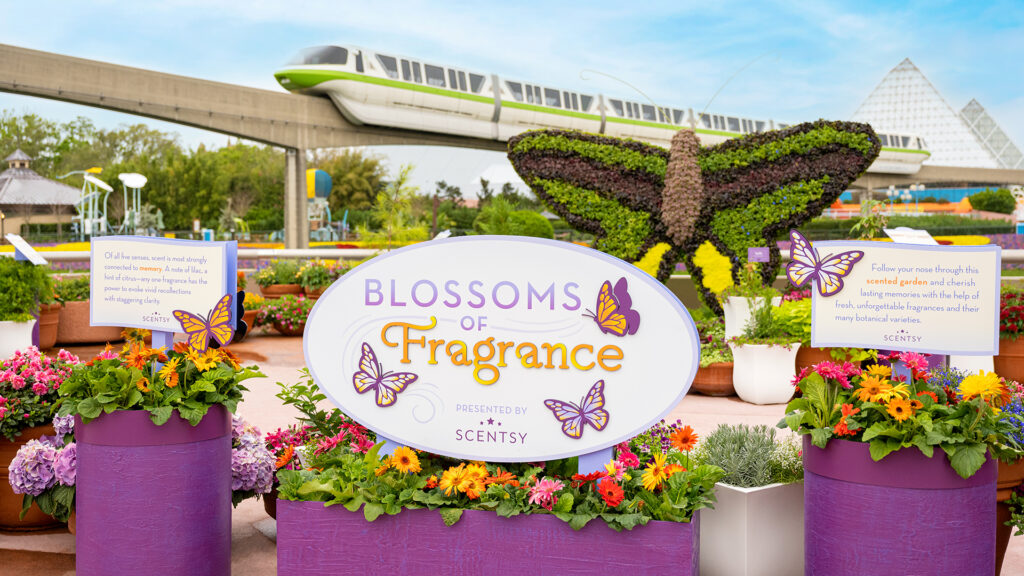 A photo of the Scentsy Blossoms of Fragrance sign at EPCOT International Flower and Garden Festival in Walt Disney World Resort.