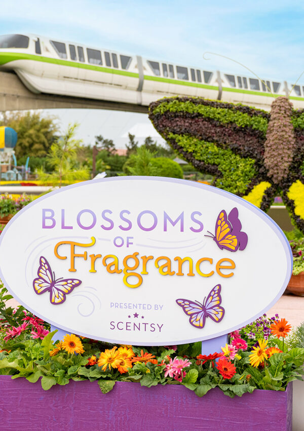 A photo of the Scentsy Blossoms of Fragrance sign at EPCOT International Flower and Garden Festival in Walt Disney World Resort.