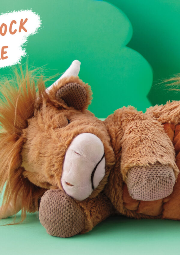 Hamish the Highland Cow Weighted and Warming Scentsy Buddy lies in a green field as though he is taking a nap.