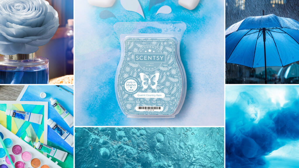 A collage of thematically blue subjects in photos such as blue blankets and pillows, blue waves crashing, blueberries, blue and white clouds, a blue Scentsy wax bar, and a blue Scentsy fragrance flower blossom.
