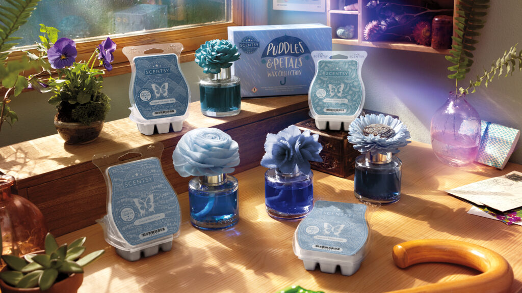 A stylized photograph of the Scentsy Puddles and Petals collection shown sitting on a wooden desk beside a window. Rainbows and sunlight stream in through the open window and across fragrance flowers and wax bars of different shades of blue.