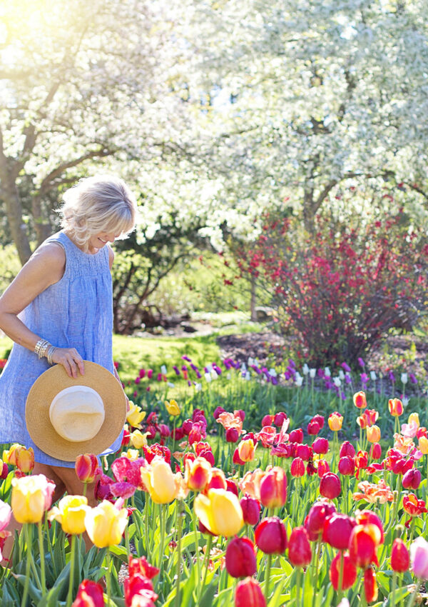 A woman in a blue dress, bathed in sunlight and carrying a sun hat, walks through a garden of bright red and yellow flowers.