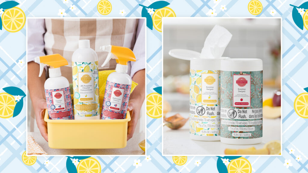 Two photos are cropped side-by-side on blue checkered and lemon themed background. In the left photo, a person in a white shirt and brown checked apron carries the Scentsy Counter Clean, All-Purpose Cleaner Concentrate, and Bathroom Cleaner in a yellow plastic tub. In the right photo, two containers of Scentsy Swipes in Squeeze the Day and Johnny Appleseed fragrances sit side-by-side on a countertop.