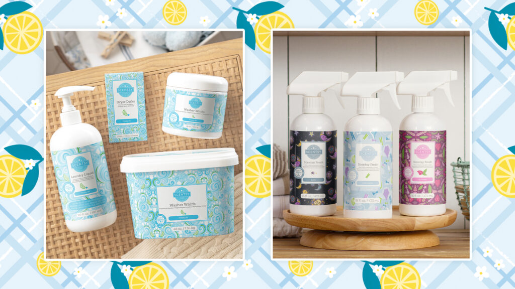 Two photos are cropped side-by-side on blue checkered and lemon themed background. In the photo on the left, Scentsy Washer Wiffs, Dryer Disks, and Laundry Liquid - all in the Frosty Air fragrance - are posed together on a wooden table. In the photo on the right, Scentsy Fresh Fabric Spray bottles in the Luna, Clothsline, and Fiji Flower fragrances are posed together in a wooden bowl.