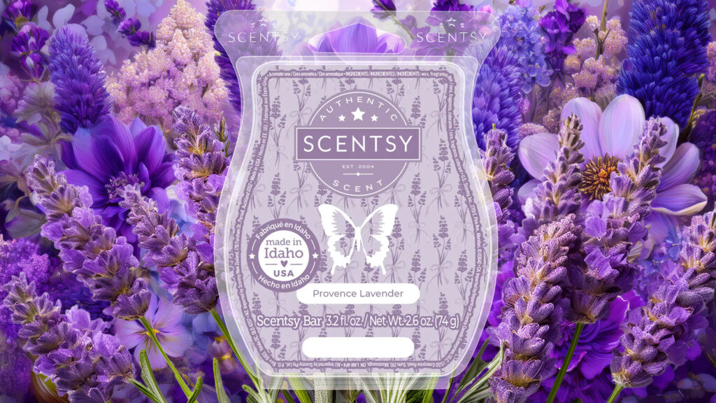 Scentsy's Provence Lavender Wax Bar pictured in front of an array of blossoming, purple lavender flowers