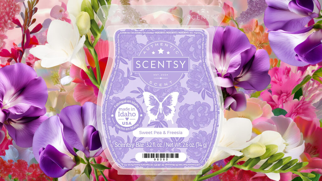 Scentsy's Sweet Pea & Freesia Wax Bar pictured in front of an array of beautiful white, purple, pink, and light orange flower blossoms.