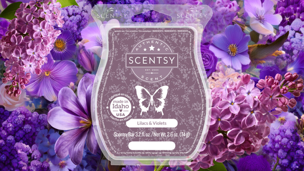 Scentsy's Lilacs and Violets Wax Bar pictured in front of an array of deep purple, lavendar, and pink flower blossoms.