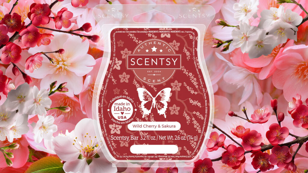 Scentsy's Wild Cherry & Sakura wax bar pictured in front of an array of red, pink, and white cherry blossoms.