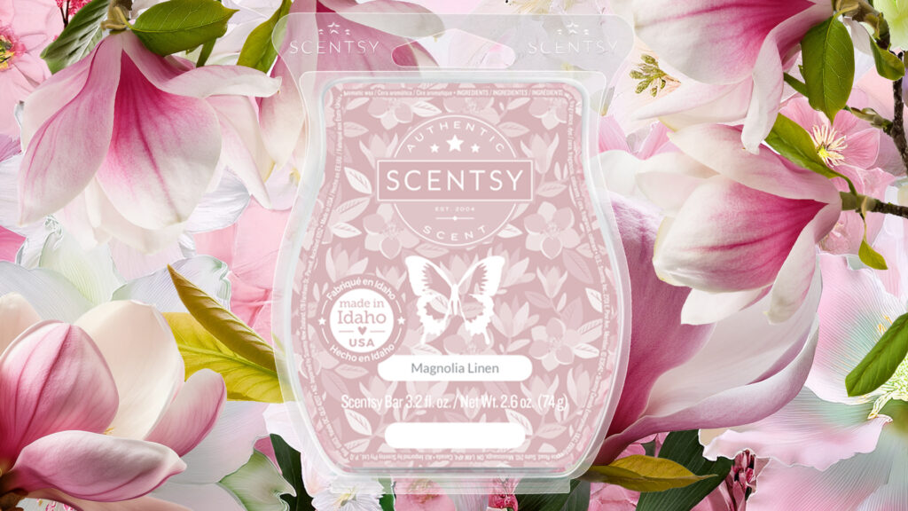 Scentsy's Magnolia Linen Wax Bar pictured in front of an array of beautiful white and pink flower blossoms.