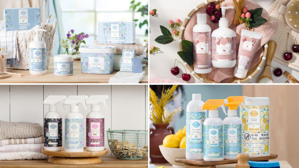 A collage image of Scentsy Clean, Laundry, and Body products. The bottles of products are arranged together in bathroom and laundry room settings.