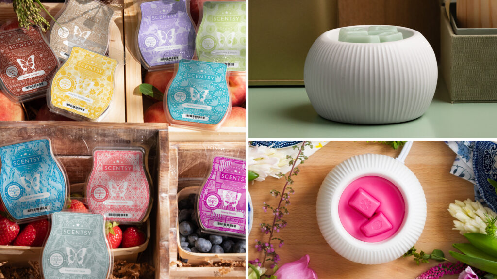 A collage image of a variety of colorful Scentsy Wax Bars in a variety of fragrances. Two off-white Scentsy Warmers are depicted: one in a floral setting with pink wax in the dish, the other in a kitchen setting with pale green wax in the dish.
